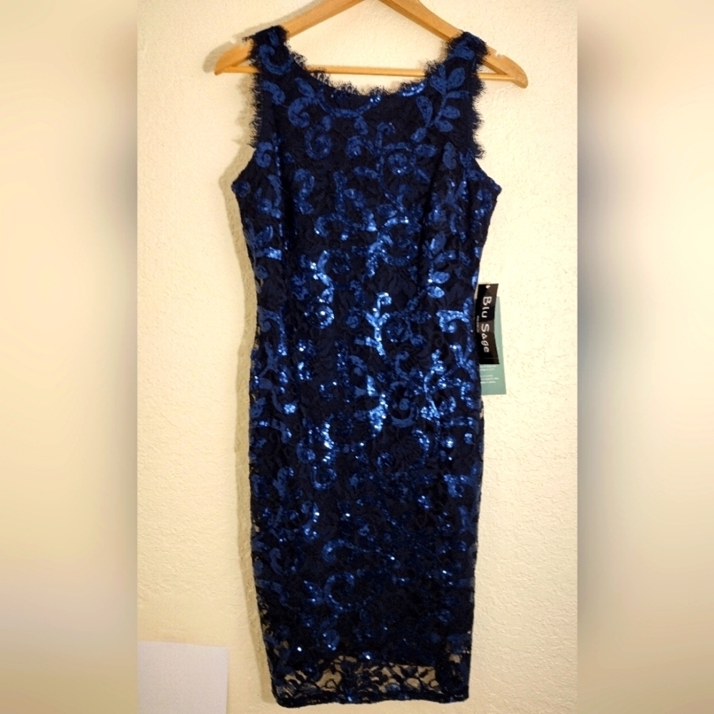 Blu Sage Blue Sequined Sleeveless Midi Dress NWT - Picture 2 of 7
